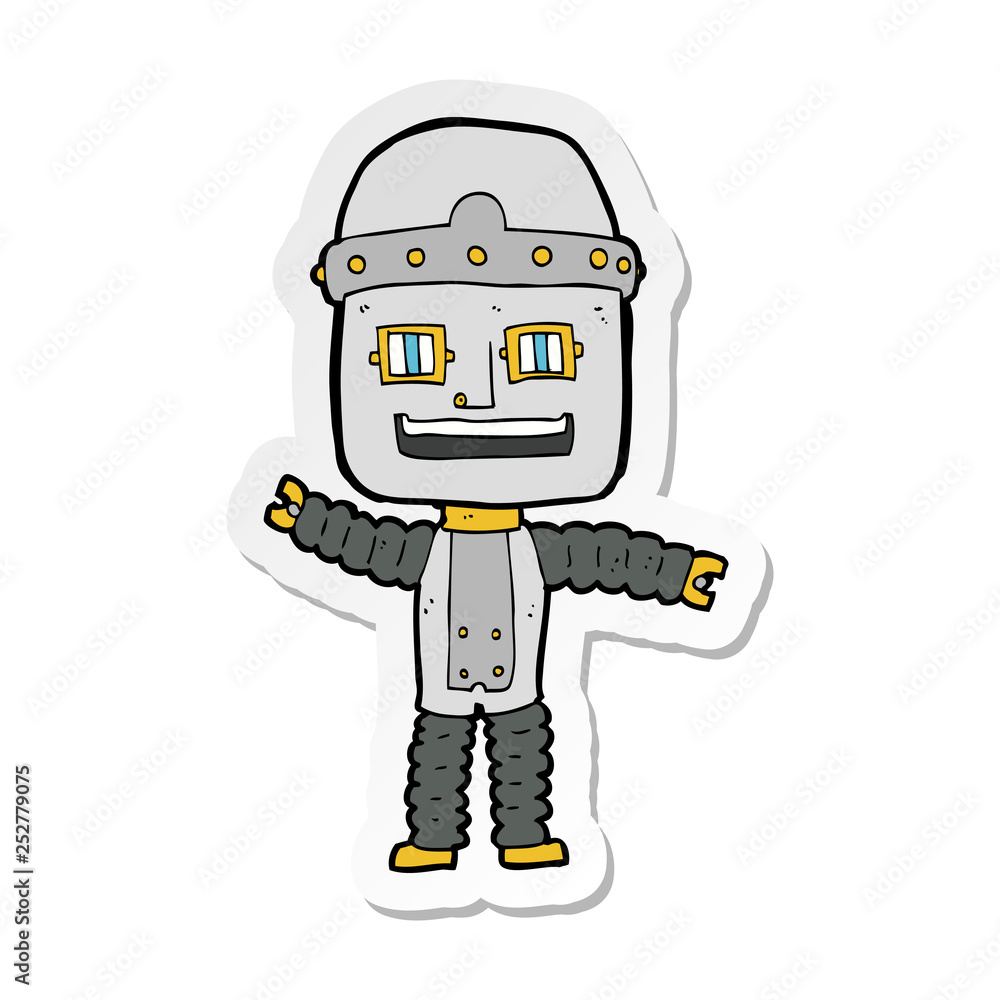 sticker of a cartoon waving robot sticker of a cartoon waving robot