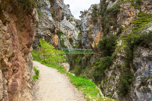 Hiking trail (Cares Trail or Ruta del Cares) along river Cares in cloudy spring day( near Cain), Picos de Europa National Park, province of Leon, Spain.