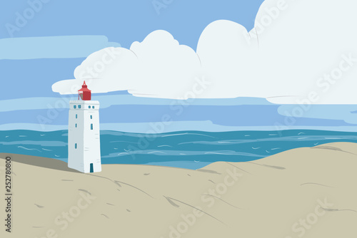 Bright beach sand dunes with the famous danish landmark lighthouse with blue sky background. Rubjerg Knude Lighthouse, Lønstrup in North Jutland in Denmark, North sea. Vector hand drawn illustration