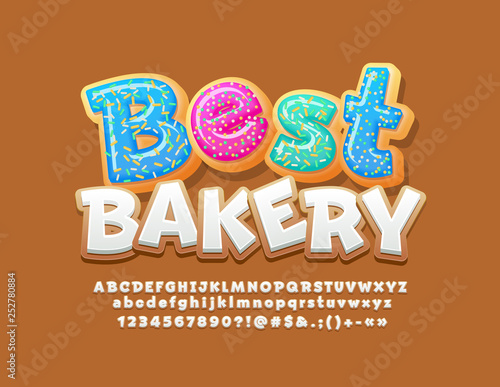 Vector sweet logotype Best Bakery with Cookie Font. Gingerbread icong Alphabet Letters, Numbers and Symbols