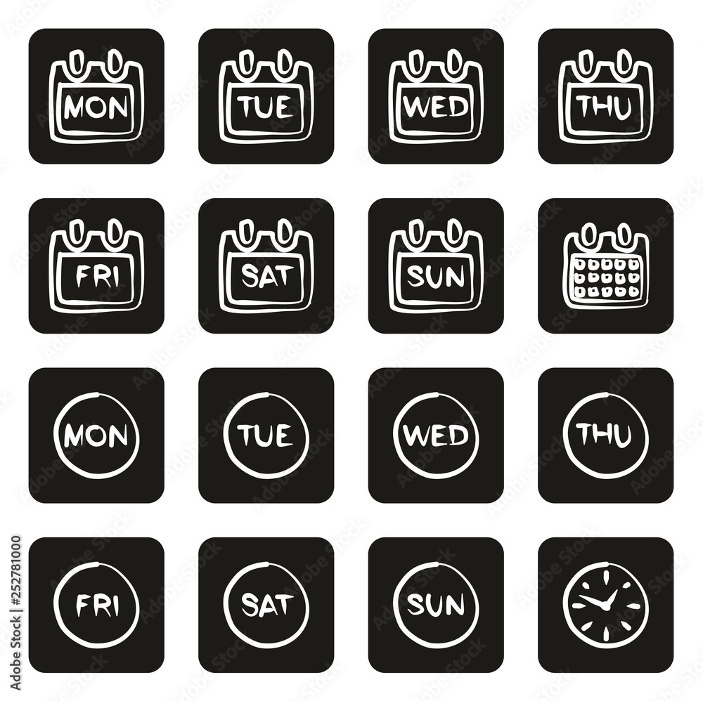 Days of the Week Icons Freehand White On Black Days of the Week Icons Freehand White On Black