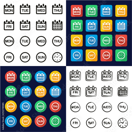 Days of the Week Icons All in One Icons Black & White Color Flat Design Freehand Set