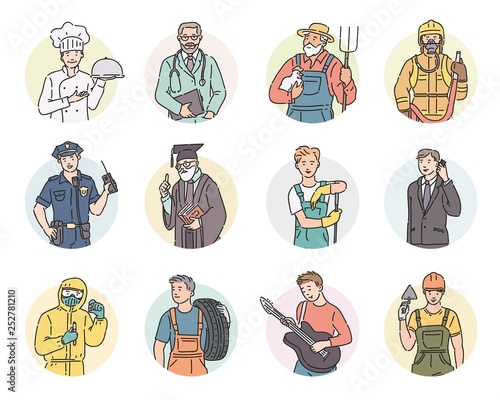 Vector set round icon men different professions. Labor Day people illustration in line art style in professional uniform.