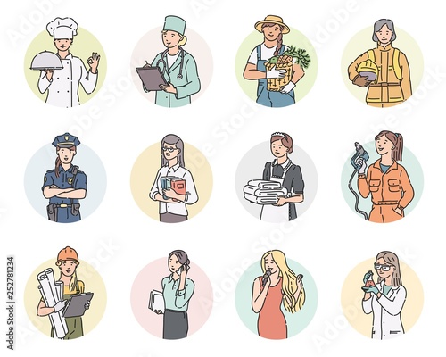 Vector set round icon women different professions. Labor Day people illustration in line art style in professional uniform.