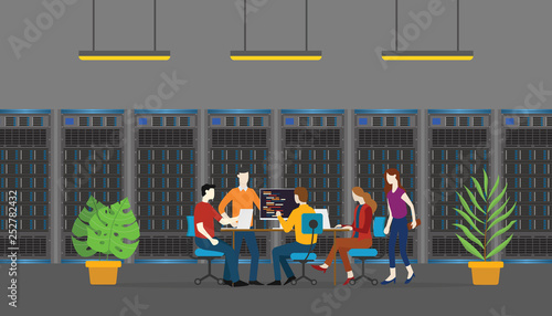 team database server people monitoring and maintenance in room service - vector illustration