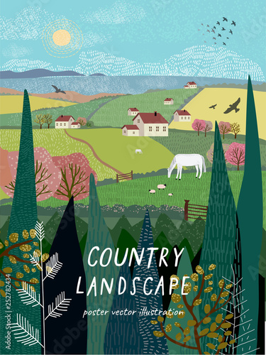 Vector illustration of a rural landscape or farm with houses, pets, trees and grass. Freehand drawing of a sunny summer day in the village.