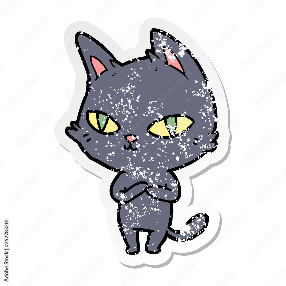 distressed sticker of a cartoon cat staring distressed sticker of a cartoon cat staring