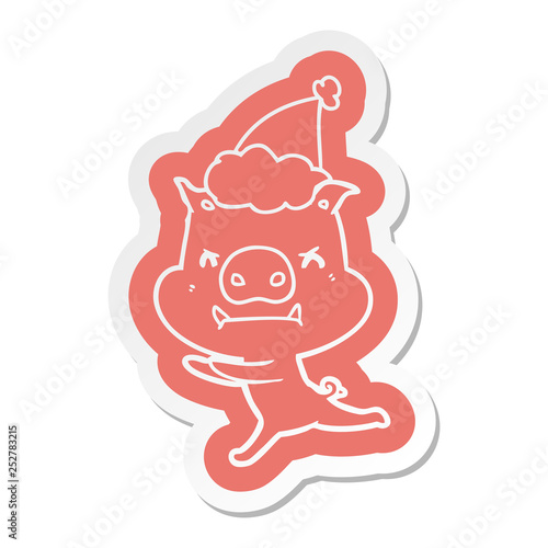 angry cartoon sticker of a pig wearing santa hat