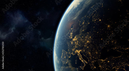 Fototapeta Naklejka Na Ścianę i Meble -   realistic render of the earth seen from space,visible lights of European cities at night.Elements of this image furnished by NASA. 3d rendering