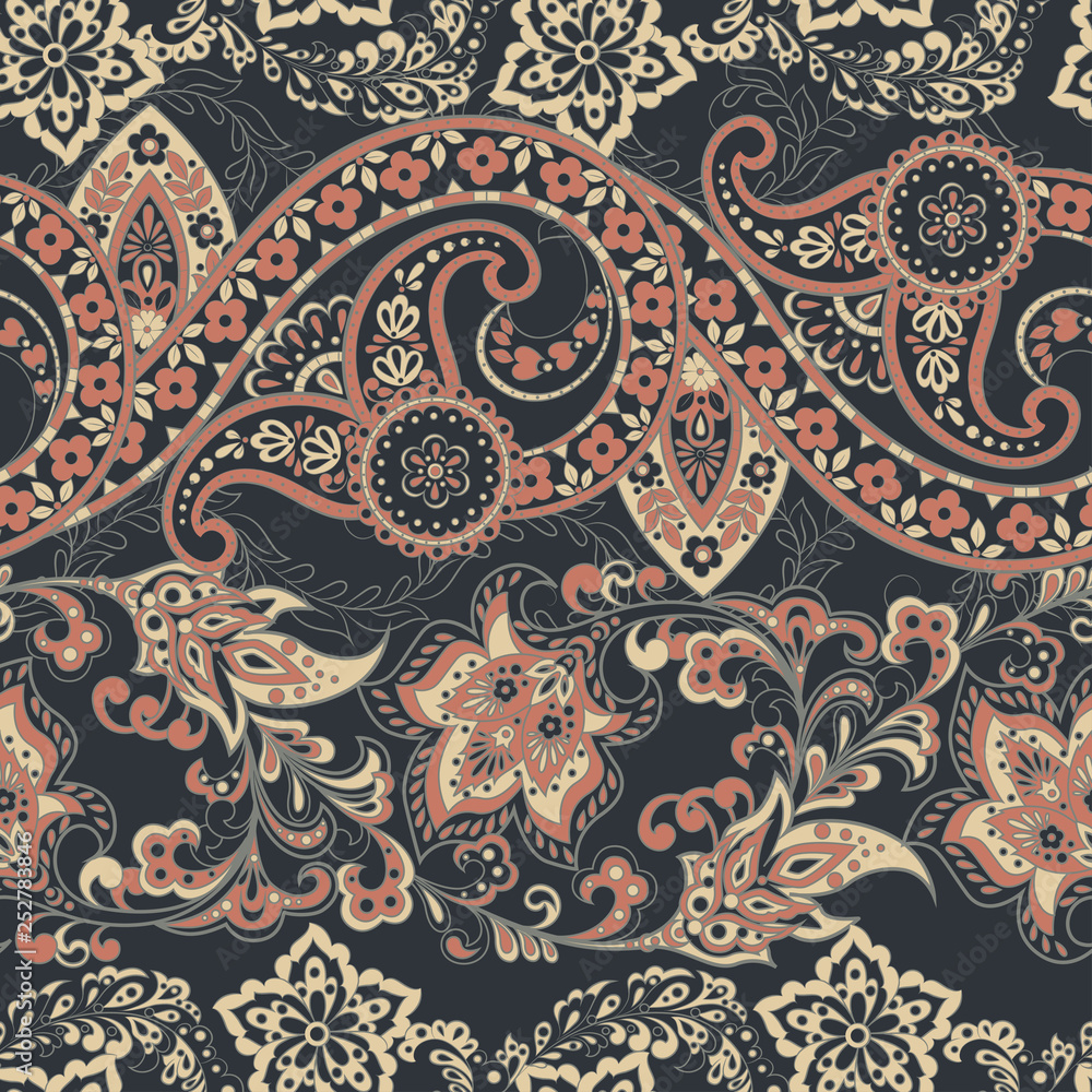 elegance seamless pattern with ethnic flowers and leaf, vector floral illustration in vintage style