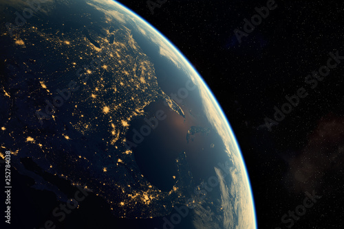 realistic render of the earth seen from space,visible lights of American cities at night.Elements of this image furnished by NASA. 3d rendering