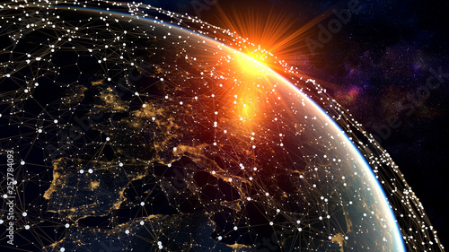 Fototapeta Naklejka Na Ścianę i Meble -  Network and data exchange over planet earth in space .3D rendering .Elements of this image furnished by NASA.
