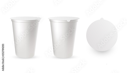 Realistic plastic packages for yogurt with foil lid, cap.