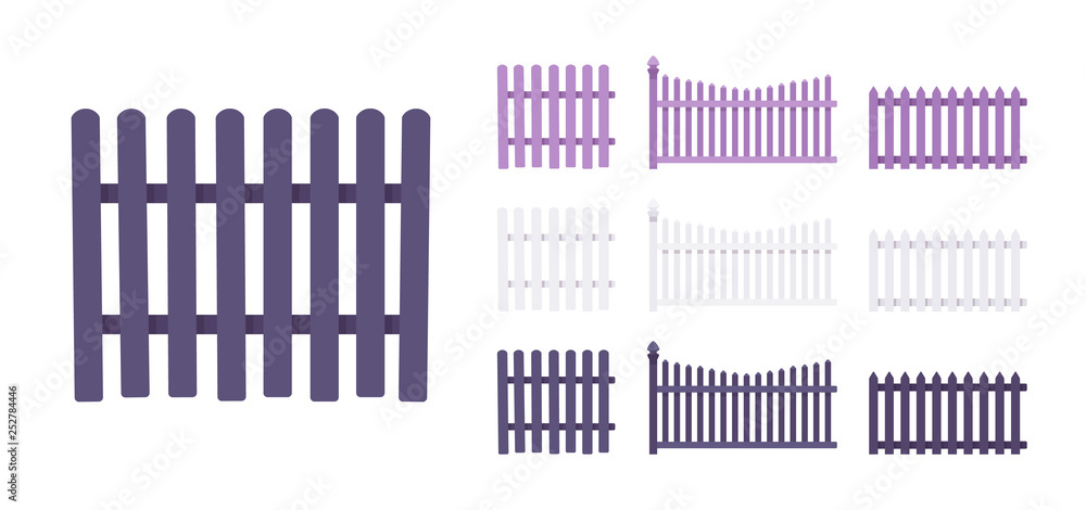Fence wooden set, home and land protection element. Park and flowering garden beauty ornamental barrier and design. Vector flat style cartoon illustration isolated, white background, different views Fence wooden set, home and land protection element. Park and flowering garden beauty ornamental barrier and design. Vector flat style cartoon illustration isolated, white background, different views