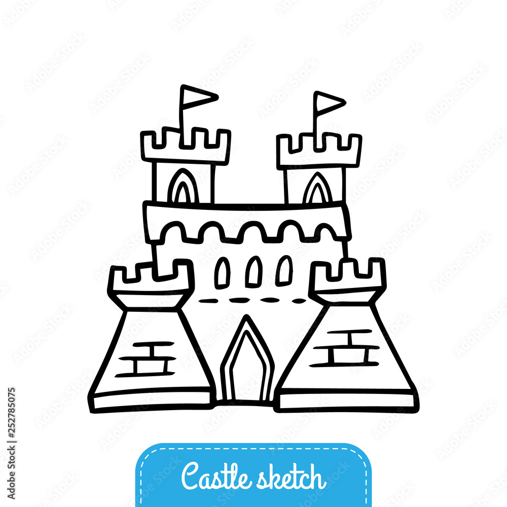 Black and white doodle cartoon castle. Hand-drawn fairytale castle for magic kingdom. Vector Illustration good for a logo, stickers, mini-games or banners.