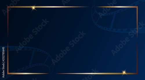Film strip isolated on dark blue background with gold frame. Design template cinema festival banner, brochure, flyer, poster, tickets, leaflet. Vector illustration in 3d isometric style. Vector EPS 10