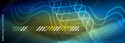 Neon glowing techno lines, hi-tech futuristic abstract background template with square shapes