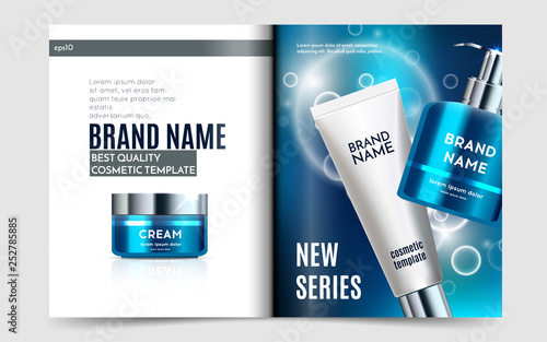 A beautiful cosmetic templates. Creative magazine design with skin care products. Realistic 3d bottle, white tube and jar for moisturizing cream Vector, eps10
