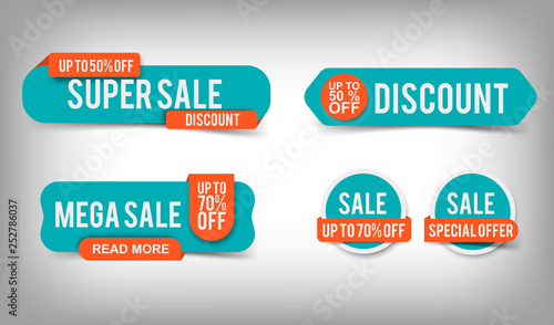 Set of Sale banners, discount tags, special offer. Website stickers with shadows on a gray abstract background, flat web page design. Vector elements