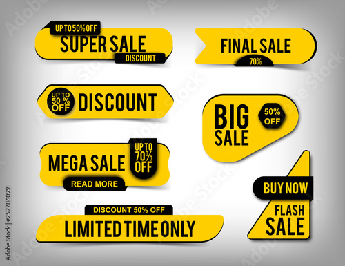 Set of yellow Sale banners, discount tags, special offer. Website stickers with shadows on a gray abstract background,flat web page design. Vector elements