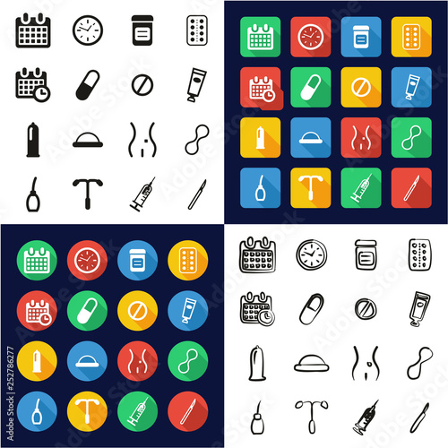 Contraception Methods Icons All in One Icons Black & White Color Flat Design Freehand Set