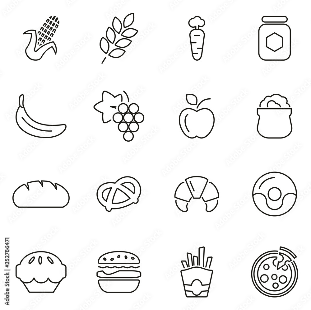 Carbohydrate Food or Carbs Food Icons Thin Line Vector Illustration Set