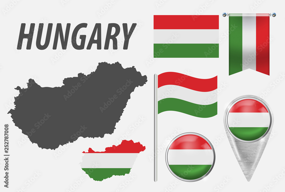 HUNGARY. Collection of symbols in colors national flag on various objects isolated on white background. Flag, pointer, button, waving and hanging flag, detailed outline map and country inside flag. HUNGARY. Collection of symbols in colors national flag on various objects isolated on white background. Flag, pointer, button, waving and hanging flag, detailed outline map and country inside flag.