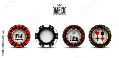 Casino advertising with a set of playing chips on a white background.  3D vector. High detailed realistic illustration.