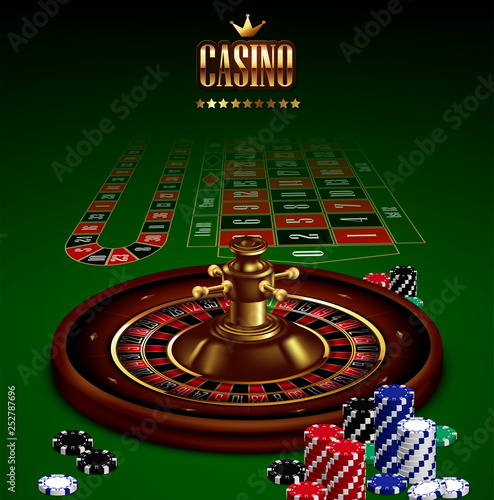Casino advertising with roulette and elements of casino games on a green background.  3D vector. High detailed realistic illustration.