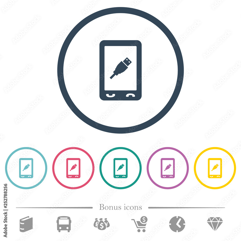 Mobile usb connection flat color icons in round outlines Mobile usb connection flat color icons in round outlines