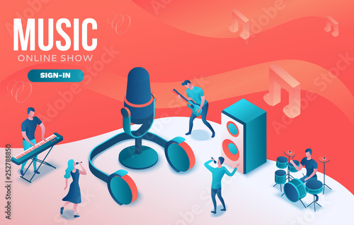 Isometric music radio show 3d illustration, modern concert poster, audio blog concept, vector landing page with people singing, microphone, guitar, podcast recording sound studio, living coral color