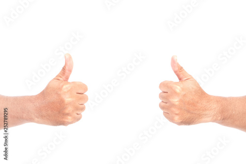 COPY SPACE : Male Caucasian hand gestures isolated over the white background. THUMB UP.
