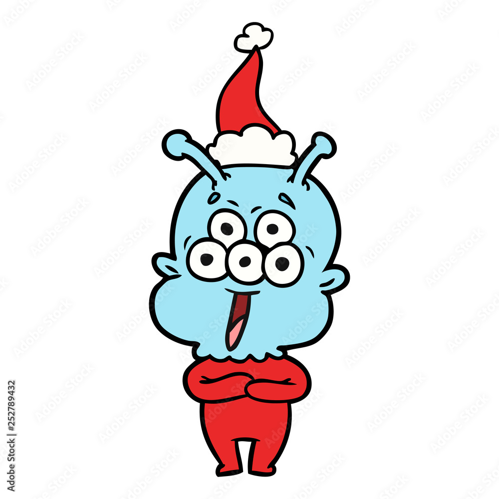 happy line drawing of a alien wearing santa hat happy line drawing of a alien wearing santa hat