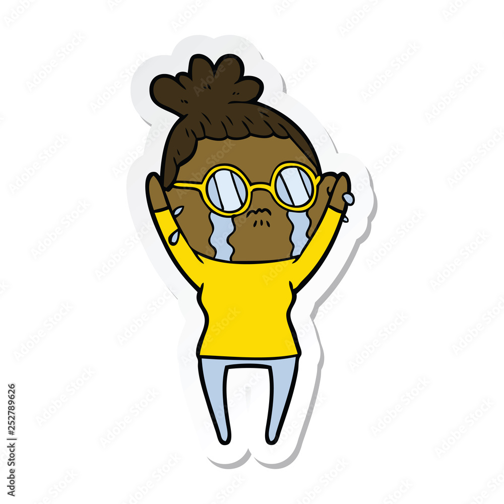 sticker of a cartoon crying woman wearing spectacles sticker of a cartoon crying woman wearing spectacles