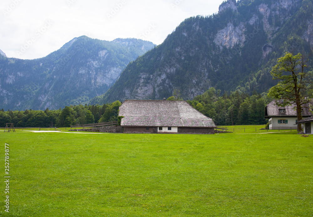 Wooden house stands on a green lawn in the Alps