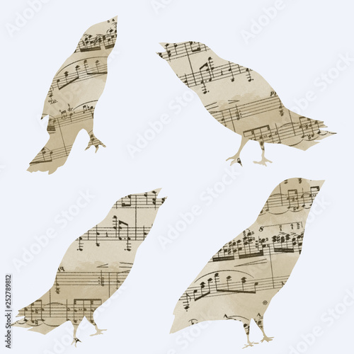 birds from the musical notes, group of object on the white background