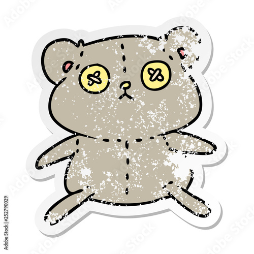 distressed sticker cartoon of a cute stiched up teddy bear