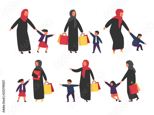 People with kids. Busy parents with naughty children. Vector illustration.