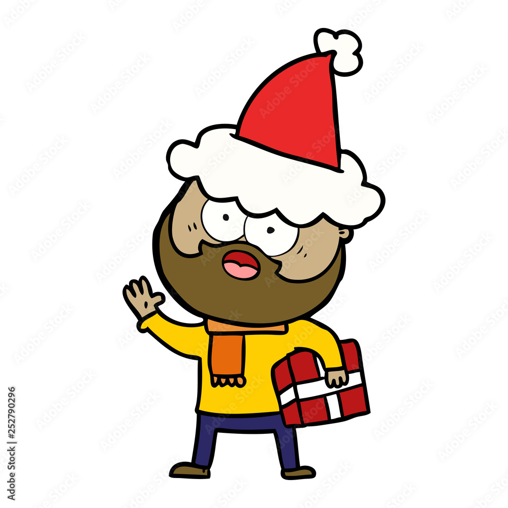 line drawing of a bearded man with present wearing santa hat