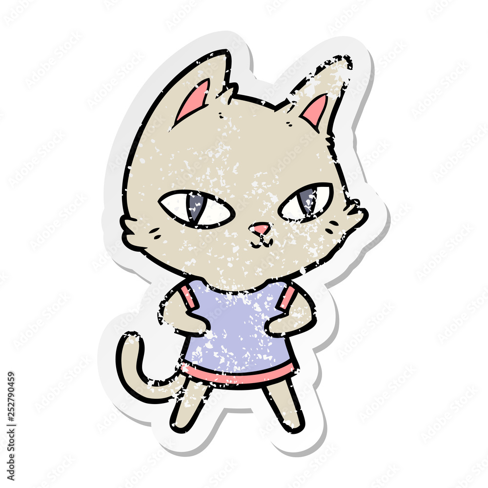 distressed sticker of a cartoon cat staring distressed sticker of a cartoon cat staring