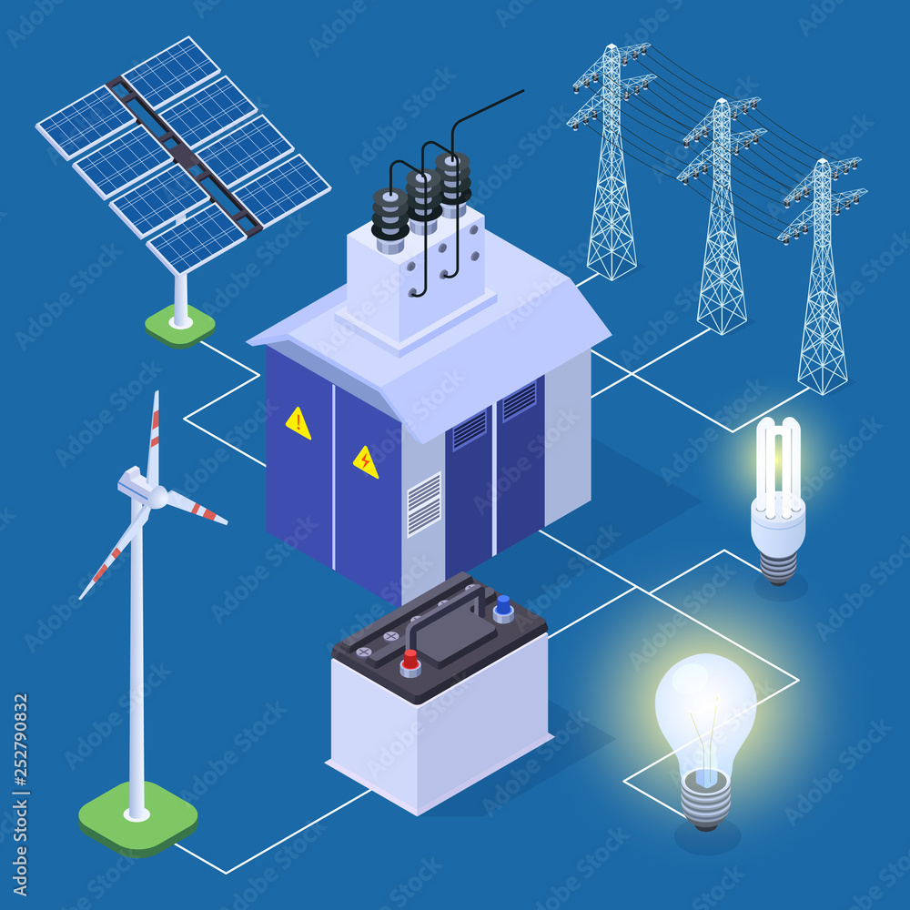 Electric power isometric vector concept with energy generator and solar  panels. Illustration of generator power, energy solar Stock-Vektorgrafik |  Adobe Stock