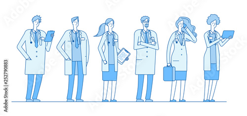 Doctors group. Doctor medicine workers people surgeon nurse pharmacist standing group linear flat healthcare hospital vector concept. Illustration of surgeon and pharmacist, medical profession