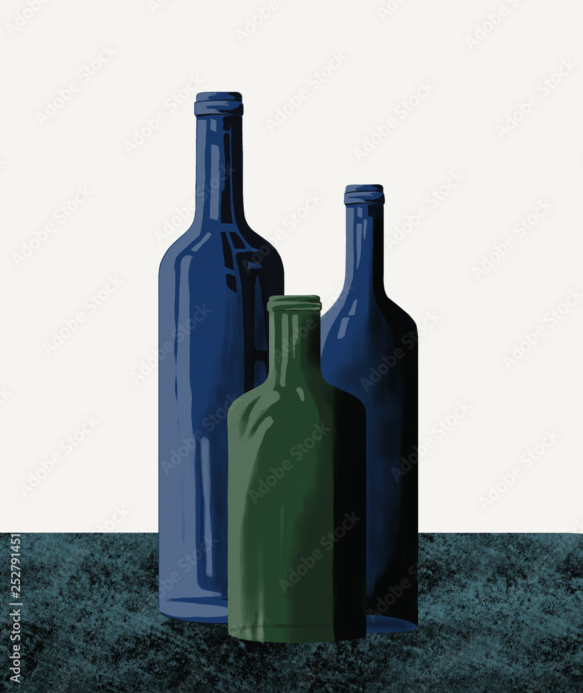 glass bottles are on the shelf, three wine bottles glass bottles are on the shelf, three wine bottles