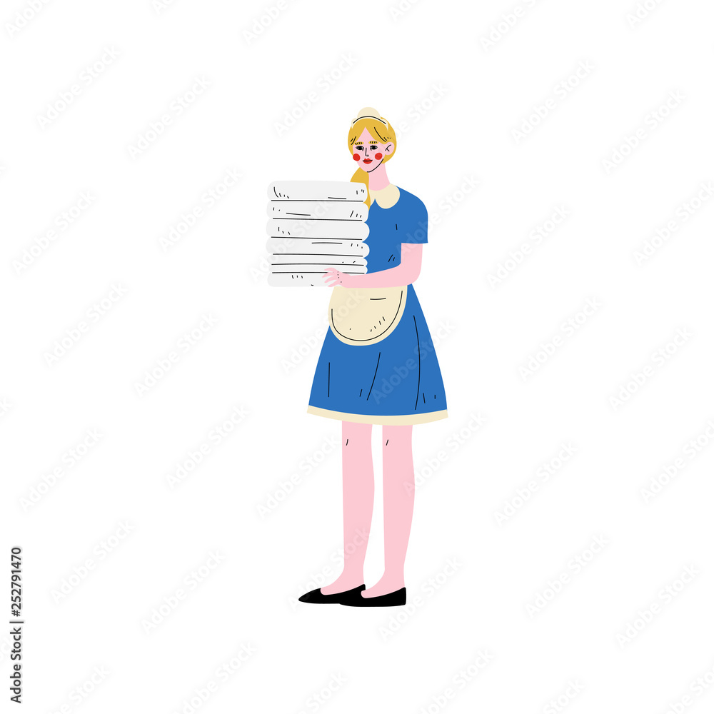 Maid Holding Stack of Clean Towels, Hotel Staff Character in Blue Uniform Vector Illustration Maid Holding Stack of Clean Towels, Hotel Staff Character in Blue Uniform Vector Illustration