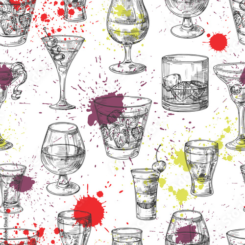 Cocktail party vector seamless pattern with hand drawn drinks and splashes. Illustration of alcohol glass drink, cocktail party