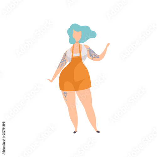 Beautiful Plump Girl with Tattoos, Young Woman Having Tattoo on Her Arms and Leg Vector Illustration