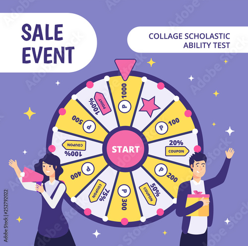 Examinees discount event. SAT work event ability businessman gift high worker college student in uniform classroom test vector concept. Discount event, shopaholic test, promotion offer illustration