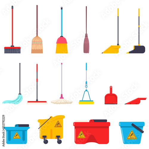 Broom, mop, dustpan and bucket vector cartoon flat set of cleaning house supplies isolated on a white background.