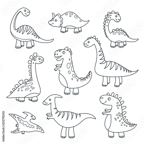 Outline dinosaurs. Cute baby dino funny monsters jurassic wildlife animals dragon funny dinosaurs vector hand drawn isolated set. Illustration of predator creature, stegosaurus dino