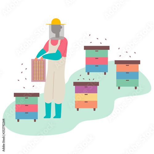 Beekeeper collects honey near the beehive. Vector cartoon flat man character on bee farm isolated on white background.